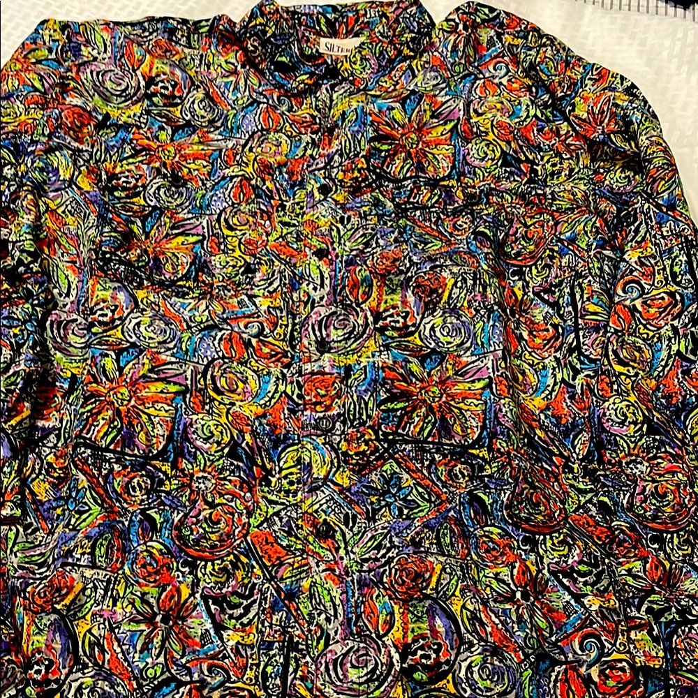 Vintage Siltero Silk Colorful Abstract Button-Up Shirt